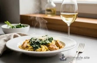 Аппетитная тарелка с кремовой пастой, курицей и шпинатом на светлом деревянном столе